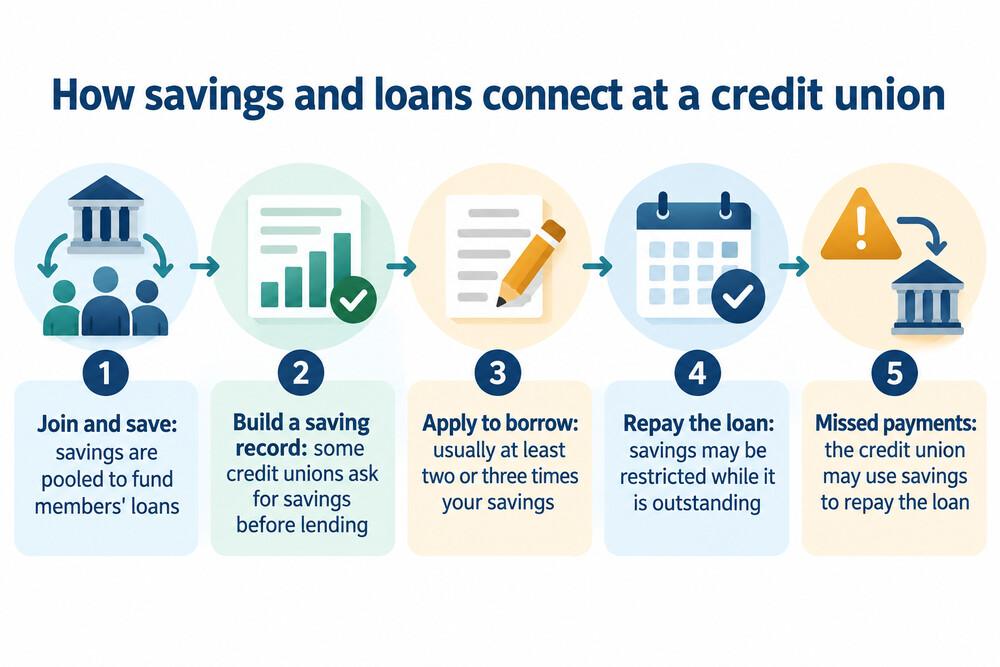 How saving with a credit union leads to borrowing, and how missed loan payments can draw on savings