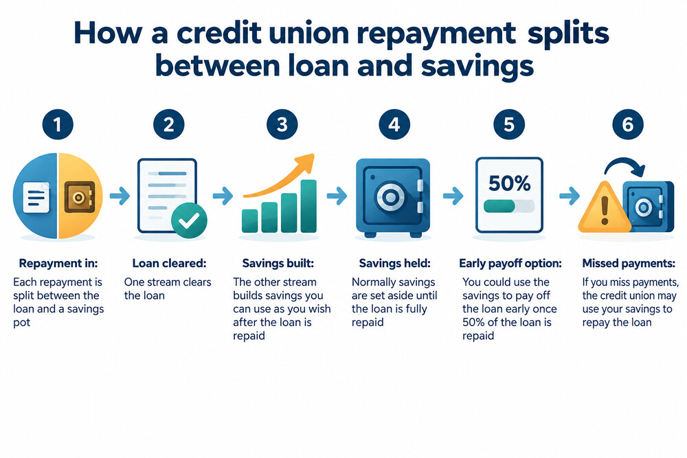 A simple diagram showing loan repayments splitting into two streams, one clearing the loan and one building savings