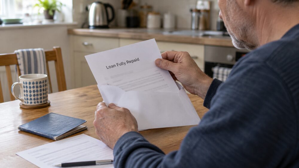 A woman tucks a savings passbook into her bag at the door, a loan book left on the shelf.
