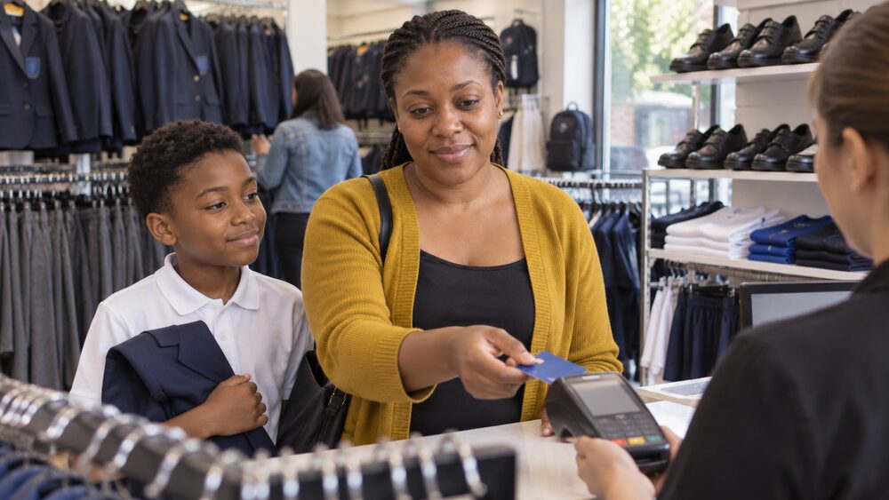 A mother pays by card in a school uniform shop while her son holds a blazer.