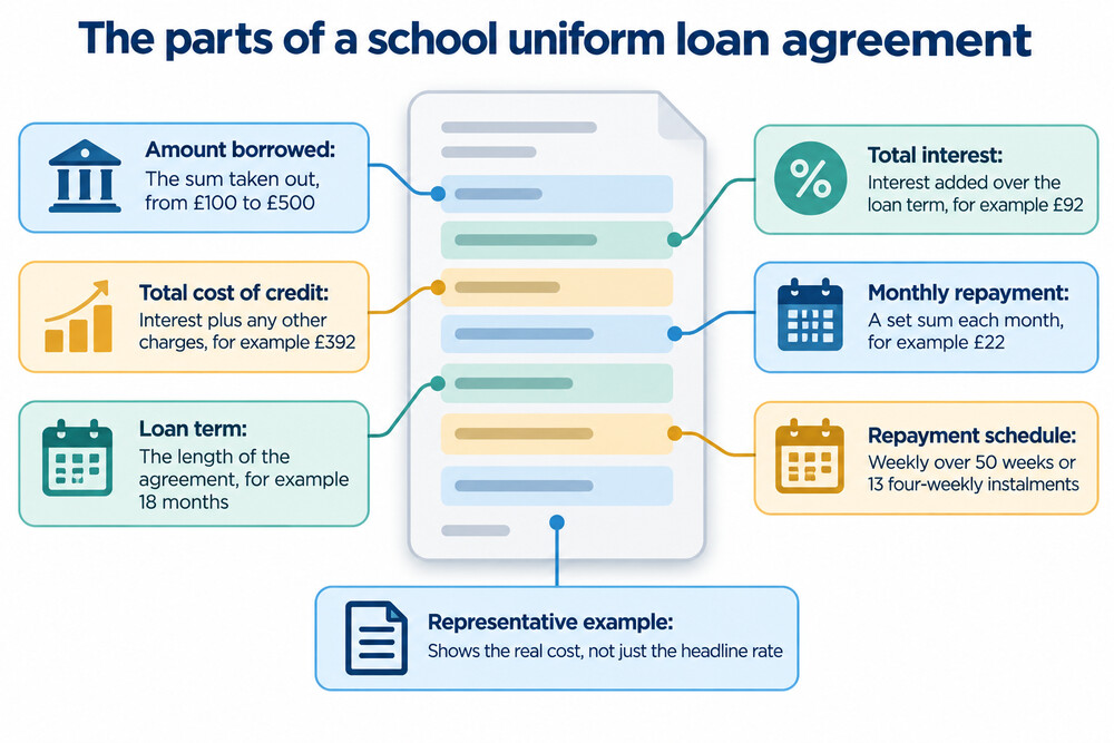 A credit union loan agreement showing the amount borrowed, the total cost of credit and the repayment schedule