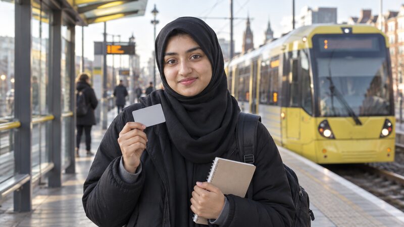 A young woman holds a travel pass and notebook on a tram platform in the morning.