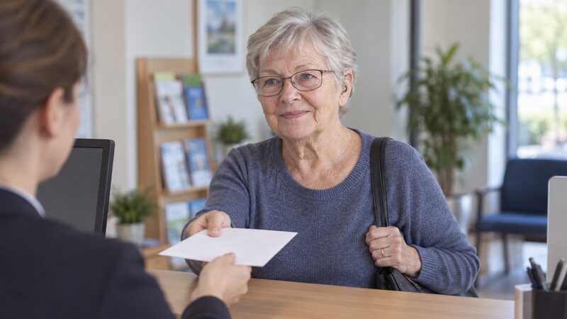 A retired woman hands a plain document envelope across a credit union counter.