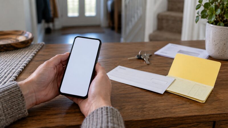Hands hold a phone beside a cheque and passbook on a wooden table at home.