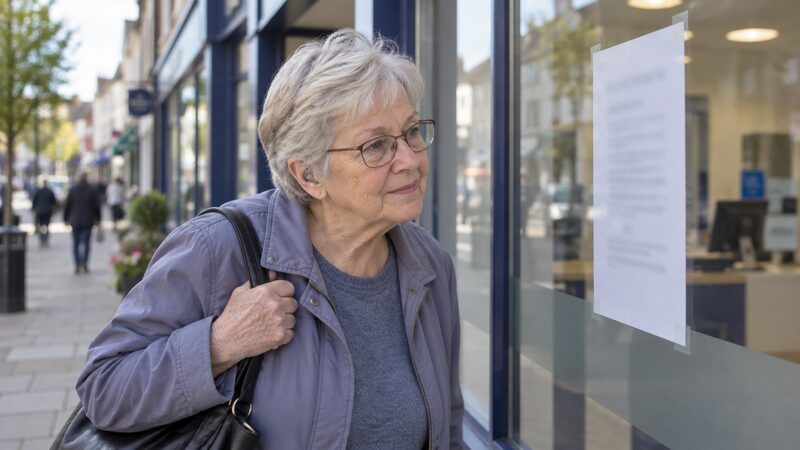 A bank branch with a closure notice in the window and a customer reading it