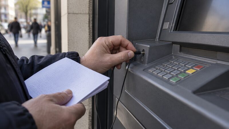A hand plugs headphones into a cashpoint while the other holds a braille statement.