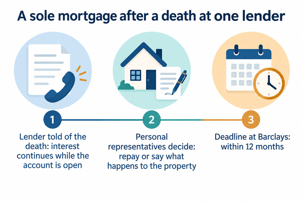 A timeline of a mortgage after the borrower's death, from notification to repayment or sale