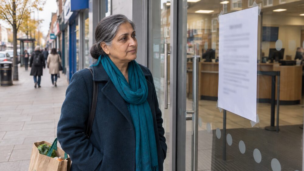 A woman stands on a high street reading a blurred closure notice on a bank branch door.