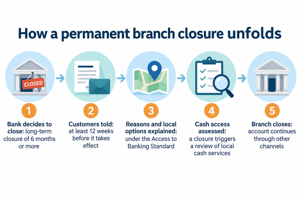 The steps from a bank announcing a branch closure to the branch shutting
