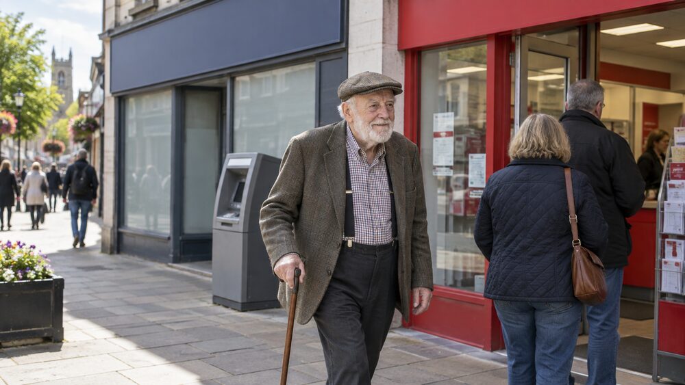 An older man with a cane walks towards a post office beside a closed bank branch and cash machine.