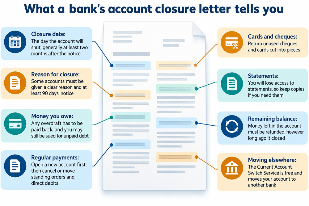 A bank letter giving notice that an account will be closed, with the notice period highlighted