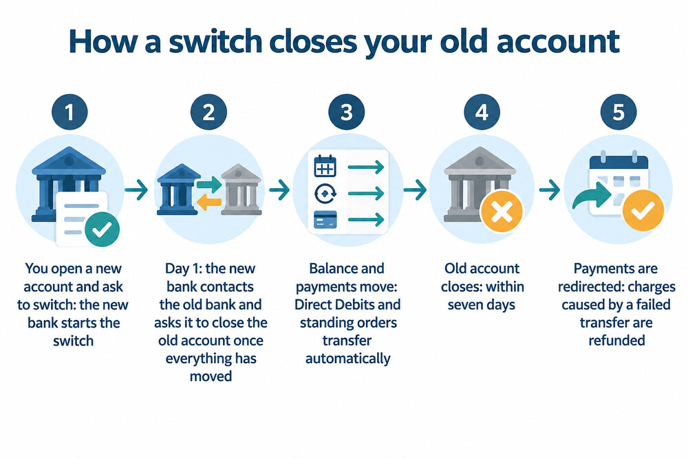 Diagram of how the Current Account Switch Service moves a balance and payments to a new bank