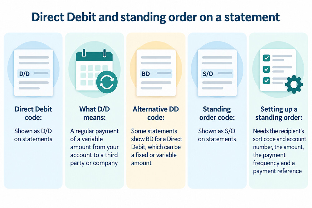 Two statement lines side by side, one showing a Direct Debit and one showing a standing order