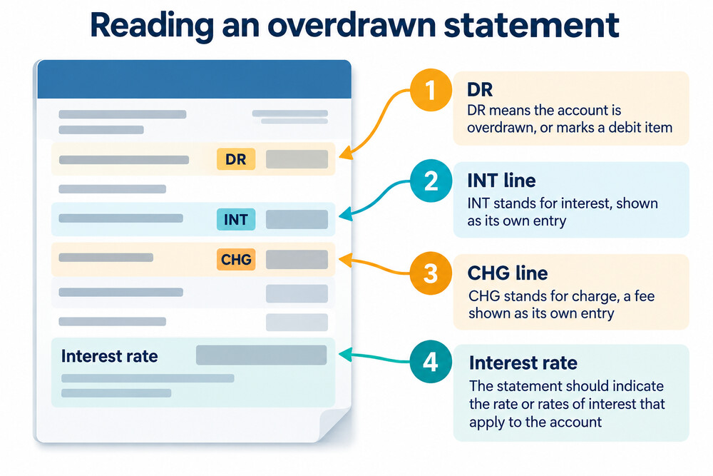 A bank statement showing a negative balance marked DR after charges and interest