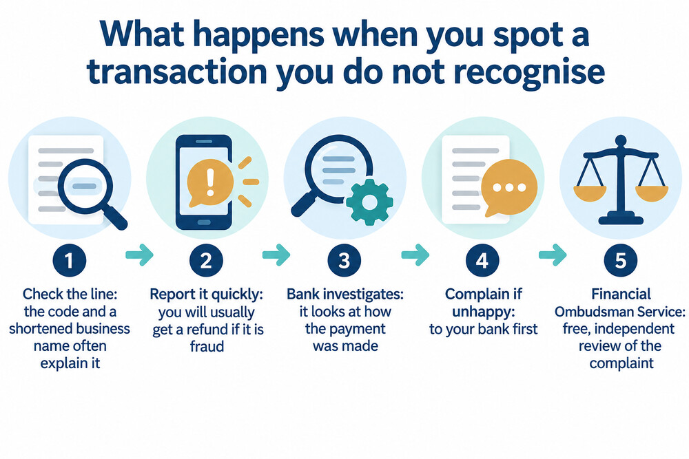 The steps to take when a statement line looks unfamiliar, from checking it to going to the ombudsman