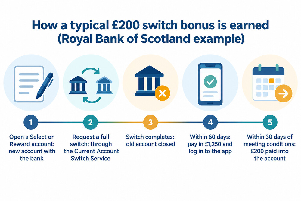 Diagram of the steps to earn a typical switch bonus, from opening the account to the payment