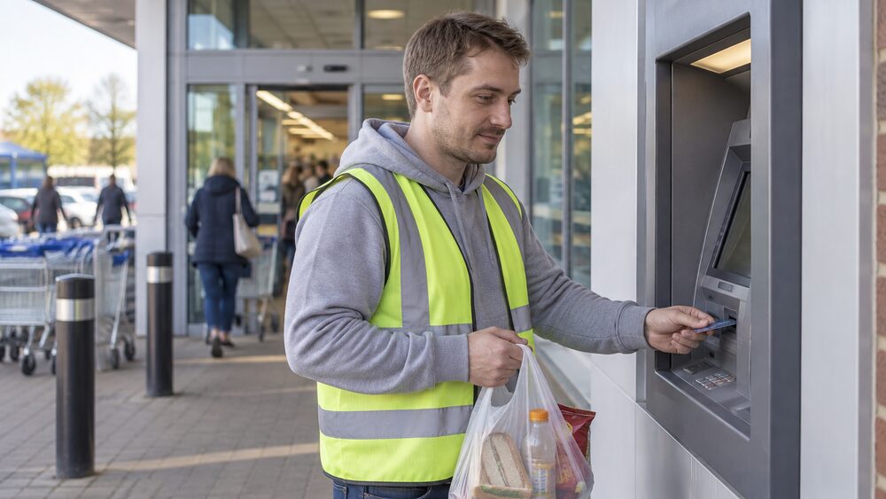 A worker in a hi-vis vest uses a cash machine outside a supermarket holding a meal deal bag.