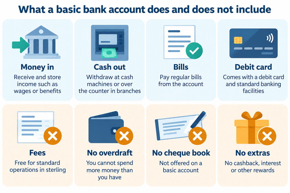 A person using a basic bank account for everyday tasks: paying in wages, paying a direct debit and withdrawing cash