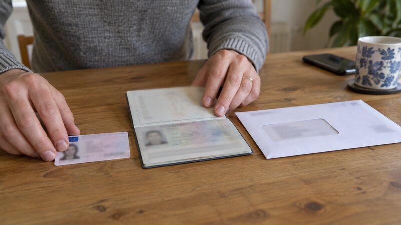 Two hands arrange a driving licence, passport and letter side by side on a wooden table.