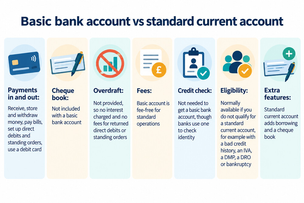 A side-by-side comparison of what a basic bank account includes and what a standard current account adds