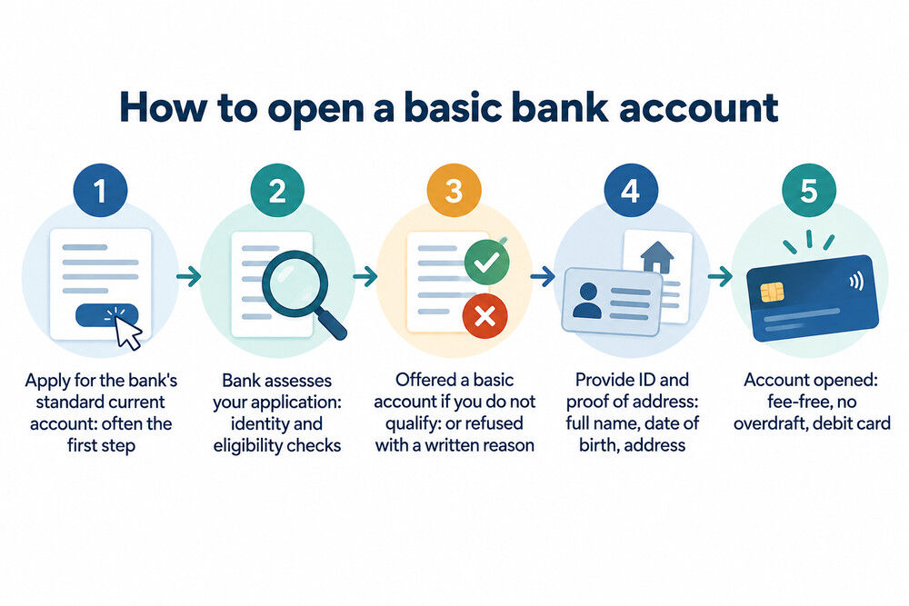 A flow diagram showing the steps to open a basic bank account