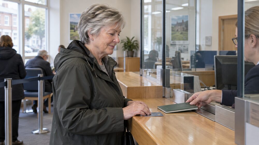 A man hands a savings application to a staff member at a building society counter.