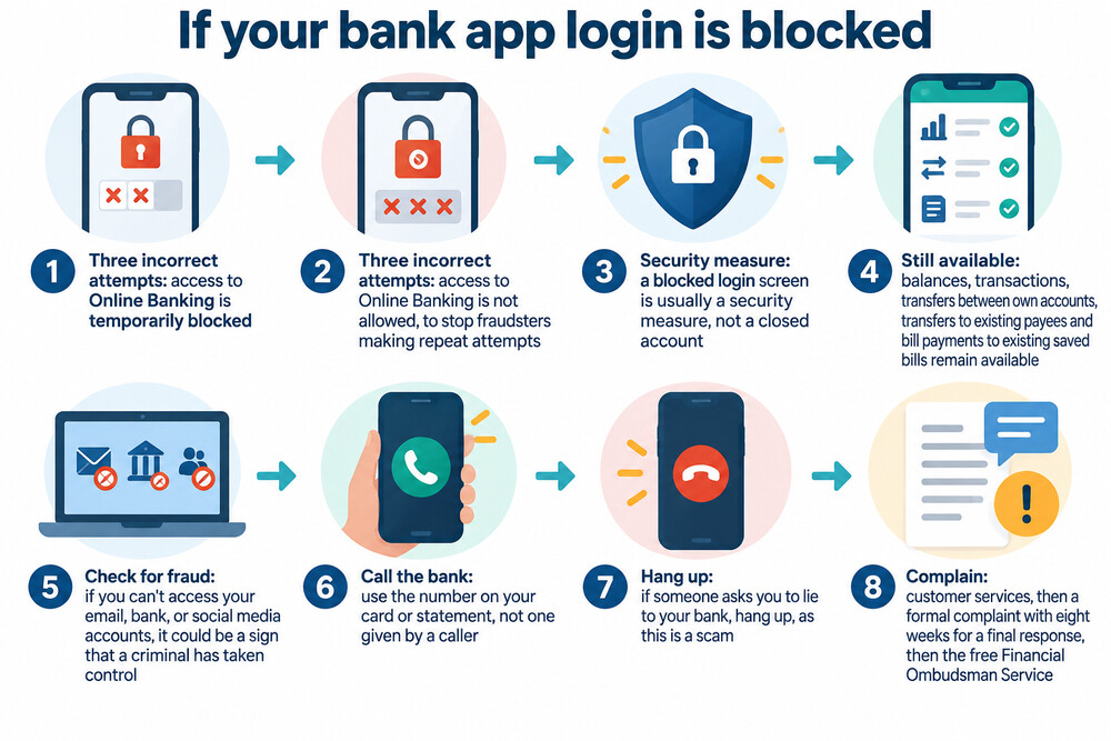 A phone screen showing a bank app login blocked after three failed attempts, with a message to call the bank