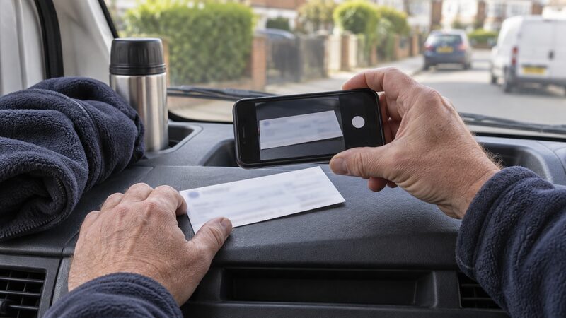 Hands hold a smartphone over a paper cheque on a van dashboard.
