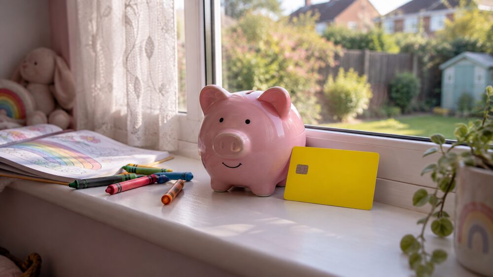 A pink piggy bank and a plain card stand on a child's bedroom windowsill beside crayons.