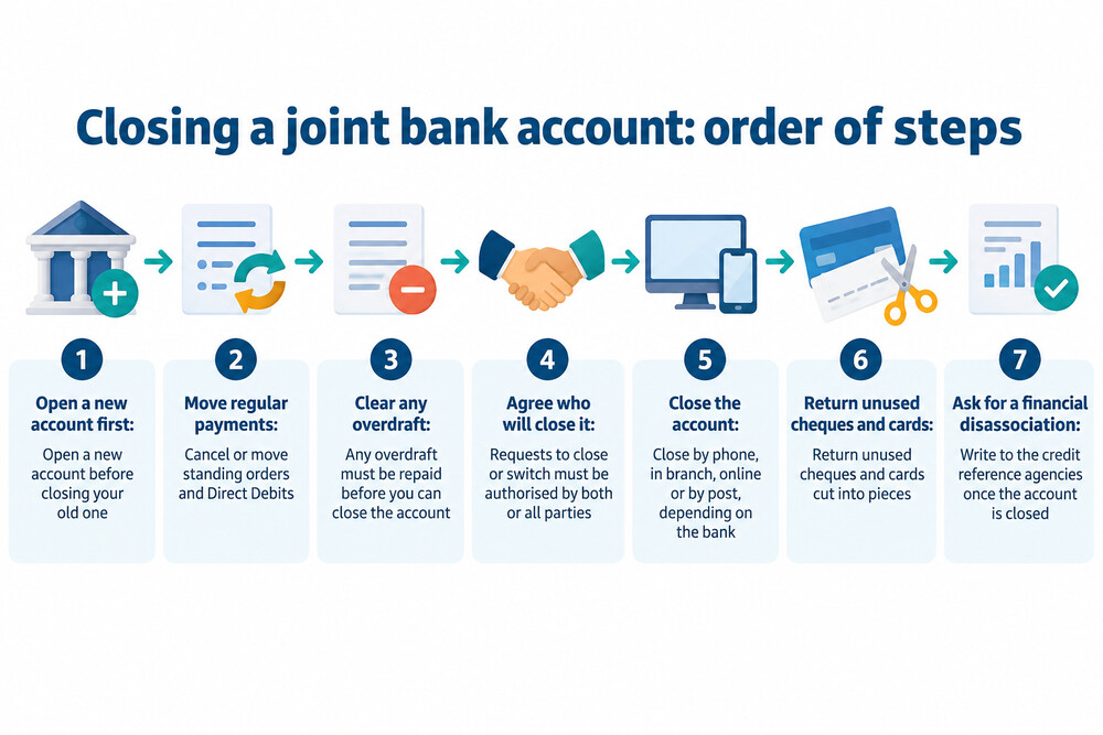 A joint account closure checklist showing the order of steps from opening a new account to returning cards
