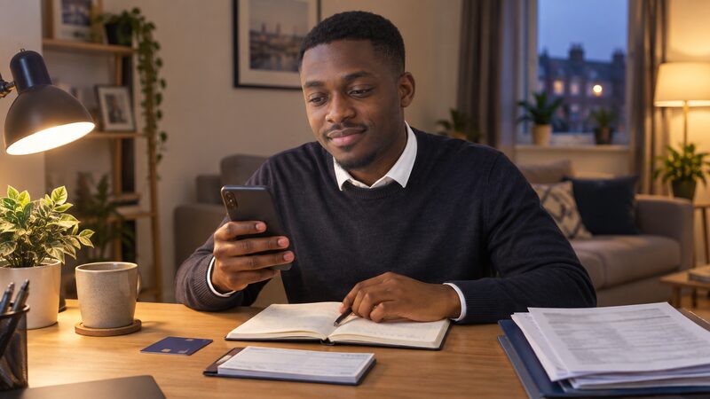 A young man sits at a desk in the evening using a phone and notebook.