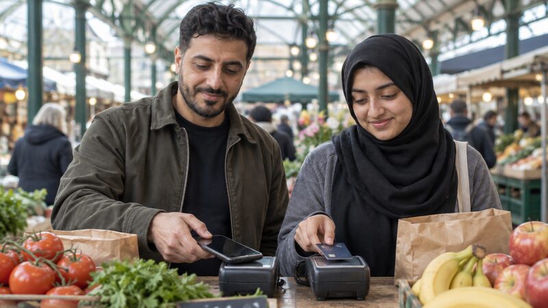 Two people pay at a market stall, one with a phone and one with a card.