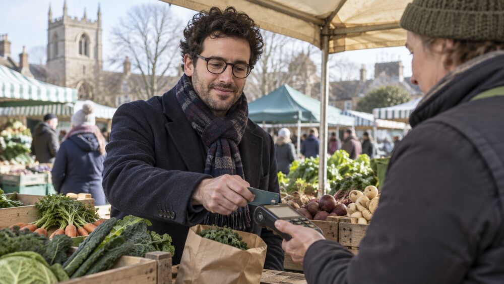 A man in a winter coat taps a bank card on a card reader at a market stall.