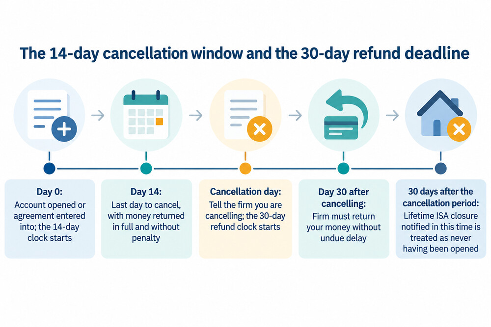 A calendar showing the 14-day cancellation window and the 30-day refund deadline