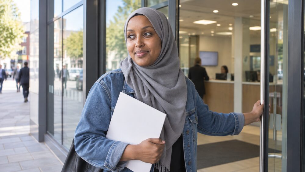 A young woman leaves a bank branch holding a white welcome pack folder at the glass door.