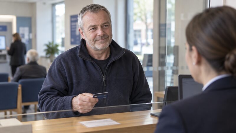 A man stands at a bank counter holding a debit card, speaking with staff.