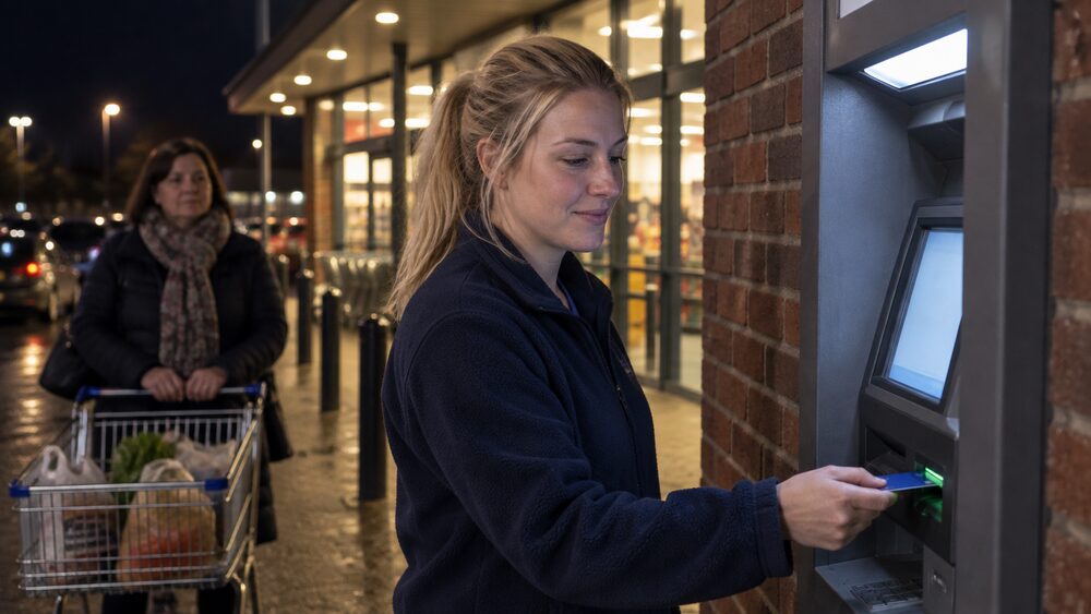 A woman takes her card from a cash machine outside a supermarket at night as another shopper waits.