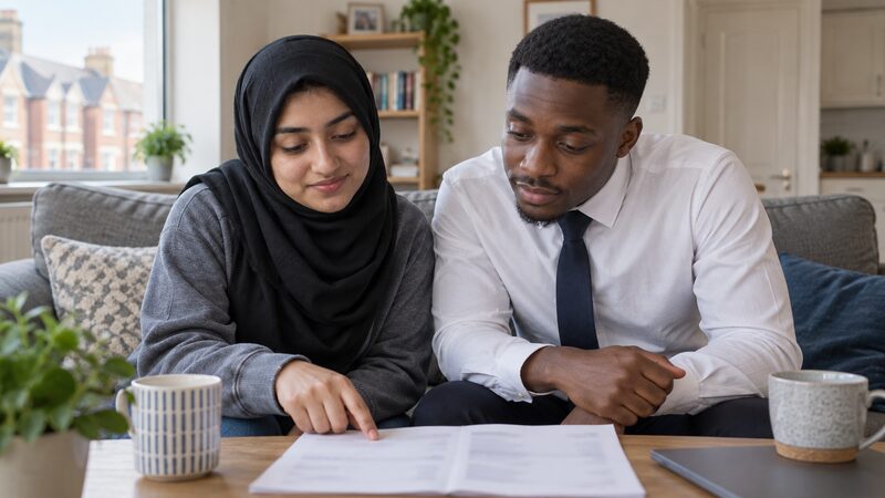 Two young people sit on a sofa reviewing a paper bank statement together.