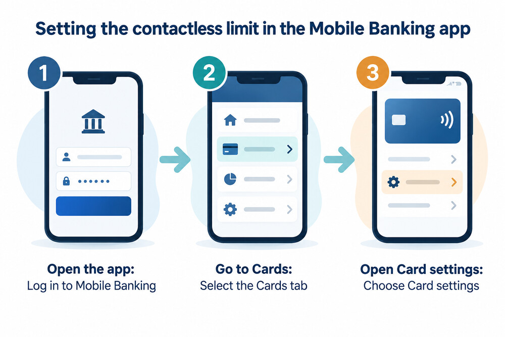 A phone screen showing the Cards tab in a banking app with a contactless limit slider set between £0 and £100