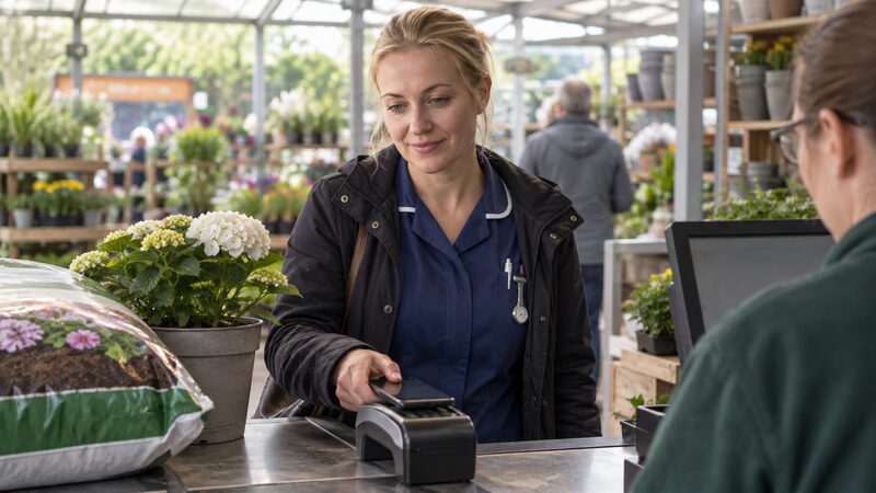 A woman holds a smartphone against a card reader at a shop till.