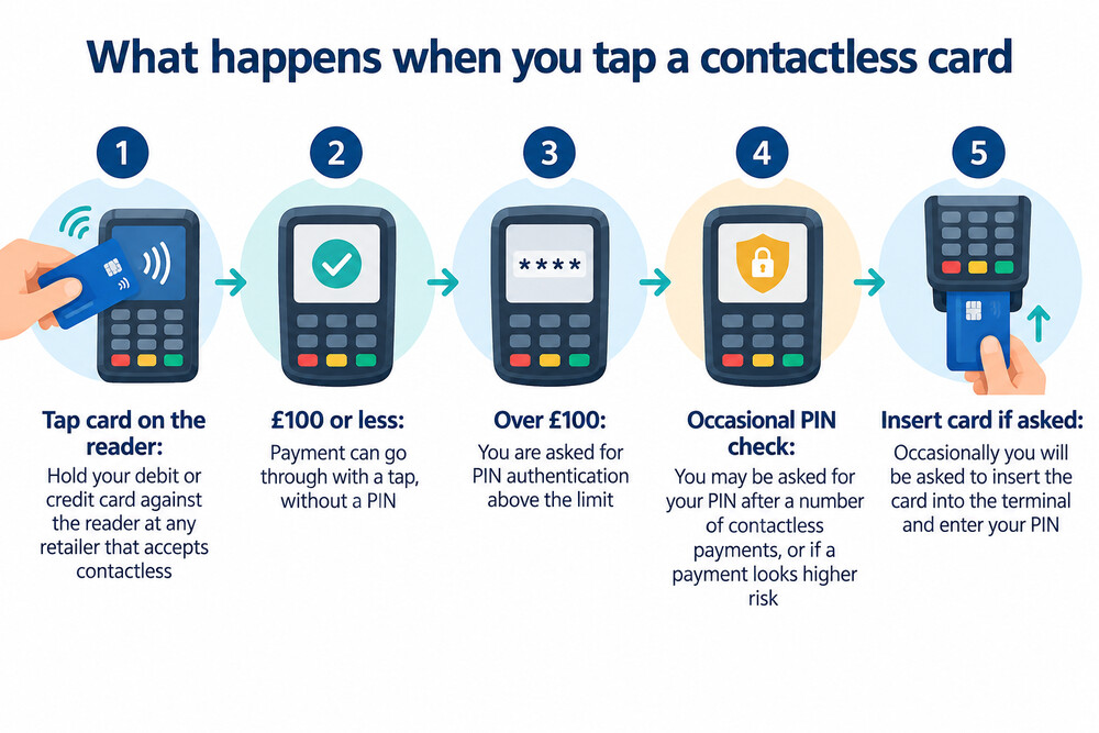 A shopper tapping a debit card on a contactless card reader at a shop till