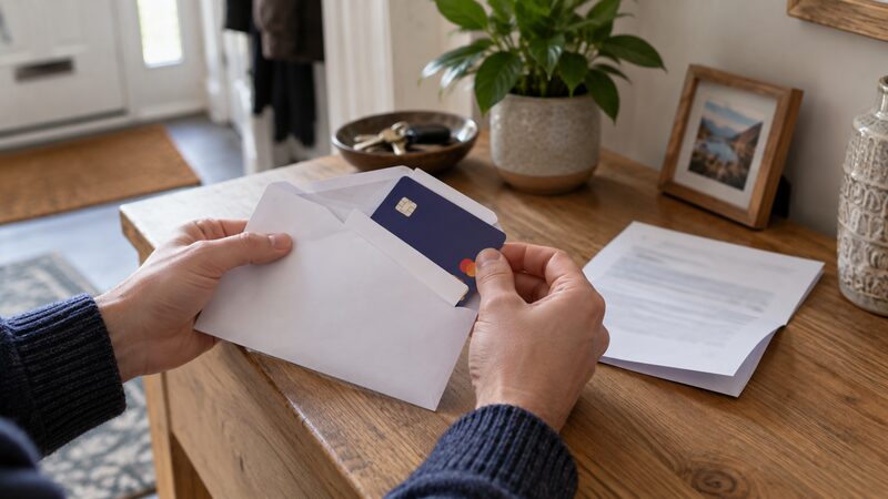A new debit card and the letter it arrives in, showing where to find the expiry date