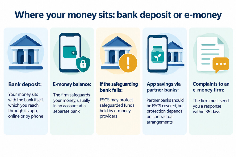 A side-by-side illustration showing a bank account protected by the FSCS and an e-money account protected by safeguarding rules