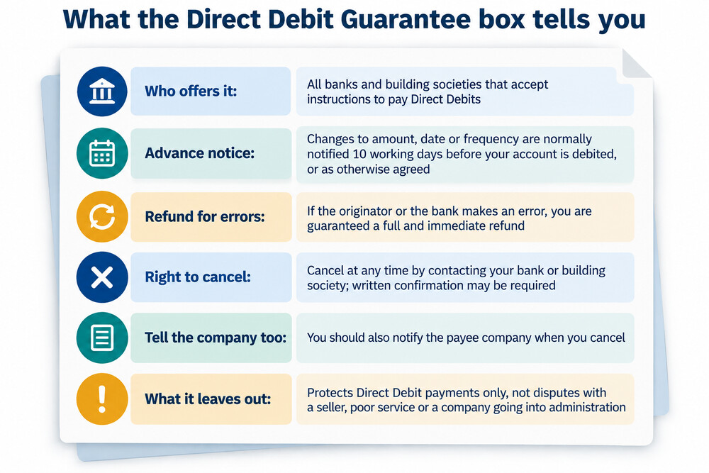 The Direct Debit Guarantee leaflet that banks provide to customers, showing the three protections