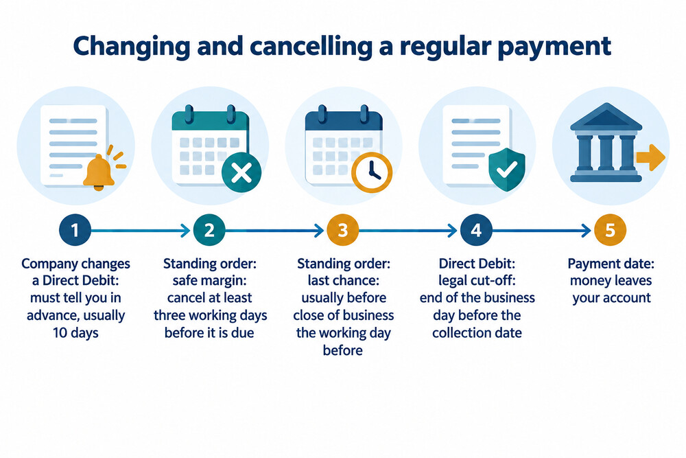 A timeline showing the notice a company gives before changing a Direct Debit and the last day you can cancel