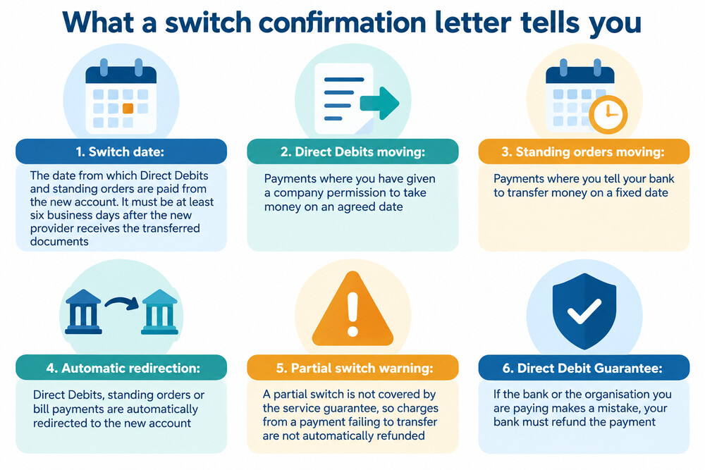A confirmation letter from a bank confirming that regular payments have been moved to the new account