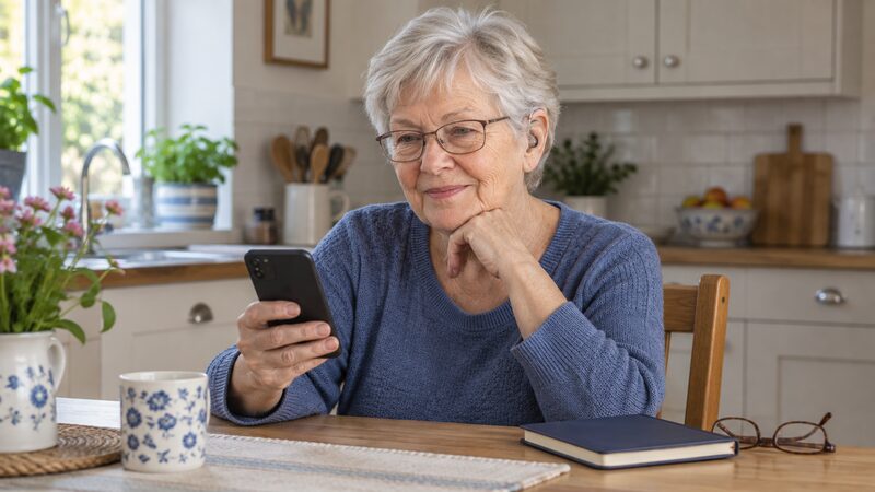 An older woman sits at a kitchen table looking at her smartphone.