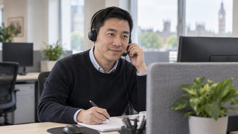 A helpline adviser taking a call in a quiet office