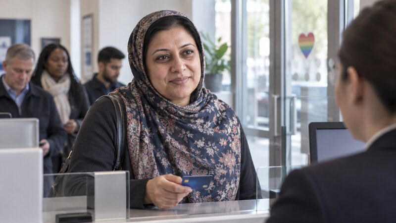 A woman stands at a bank counter speaking quietly with a staff member.