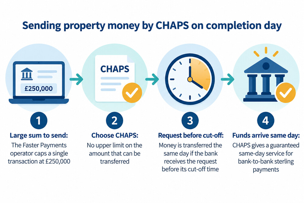 A house purchase completion day, with the deposit being sent by CHAPS between solicitors
